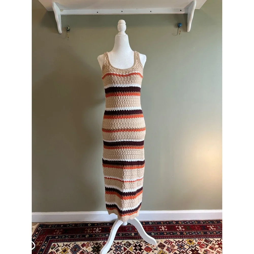 Paper Heart Crochet‎ Knit Striped Maxi Dress Tan Orange Brown Boho Sleeveless M